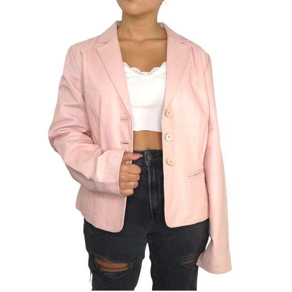 90s Vintage Bagatelle Pink Leather Jacket Pastel Medium Retro - Picture 7 of 11